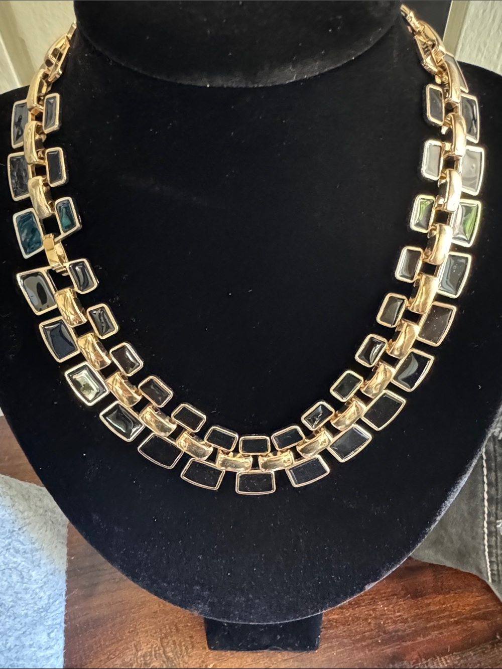 Gold-Tone Double Row Black Stone Necklace